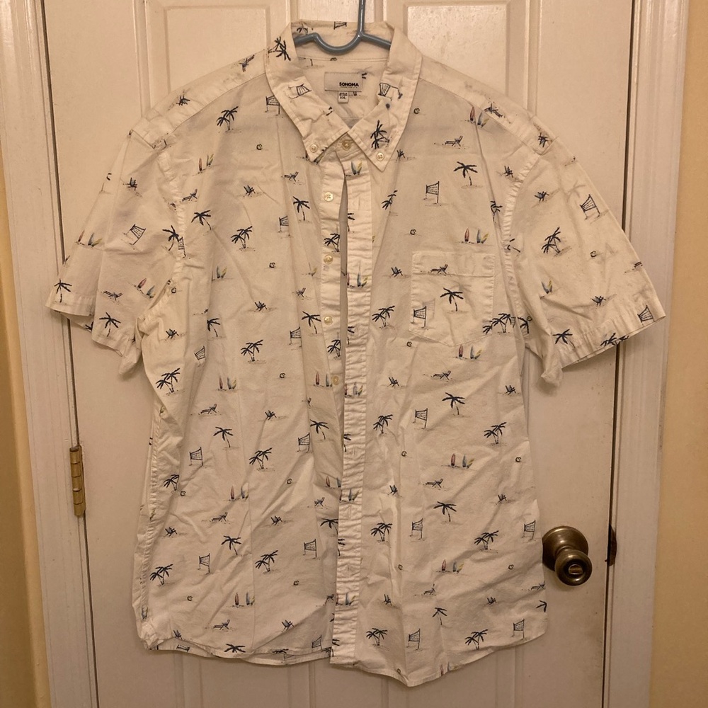 Sonoma Palm Tree Tropical White Beach Vacation Casual Button Down Shirt